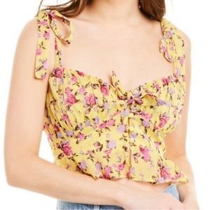 For Love & Lemons Free People Beaumont M Yellow Pink Floral Silk Bow Ruffle Crop
